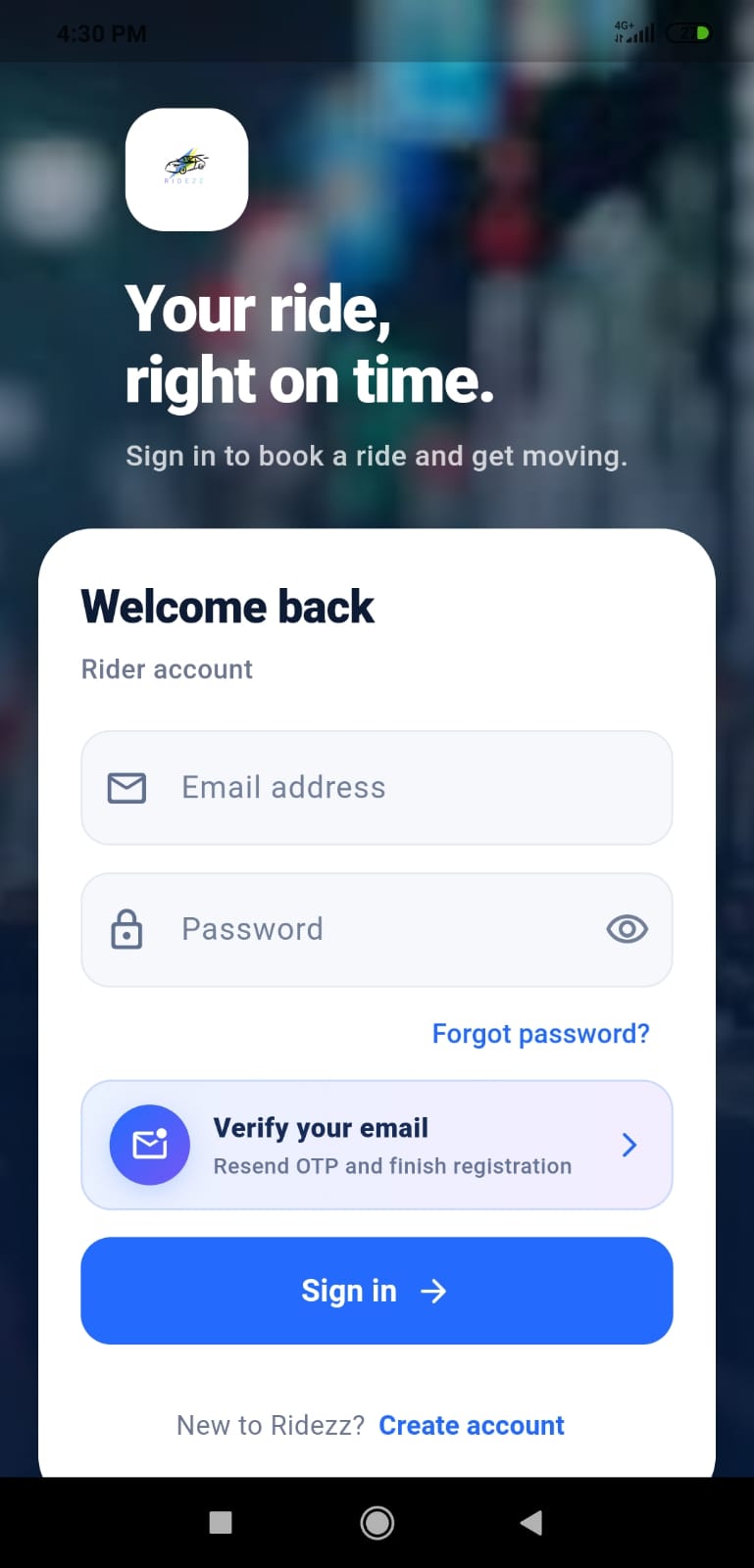 Ridezz rider sign-in screen