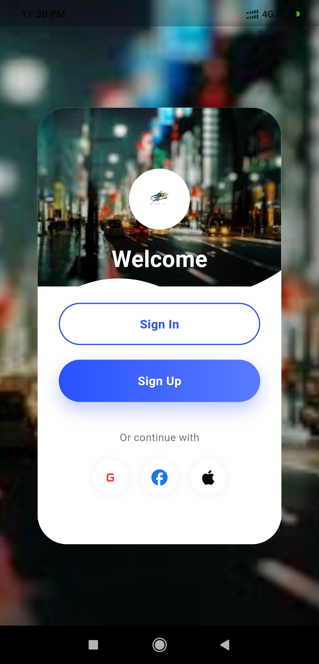 Ridezz app welcome screen